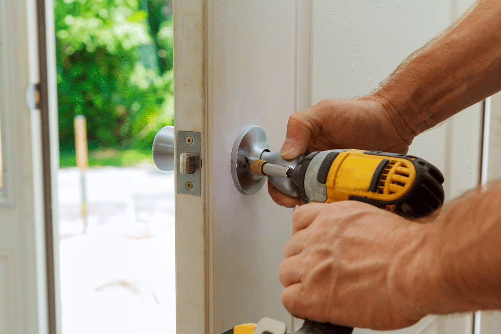 man using drill to install door | entry door storm door dallas tx ft worth tx 